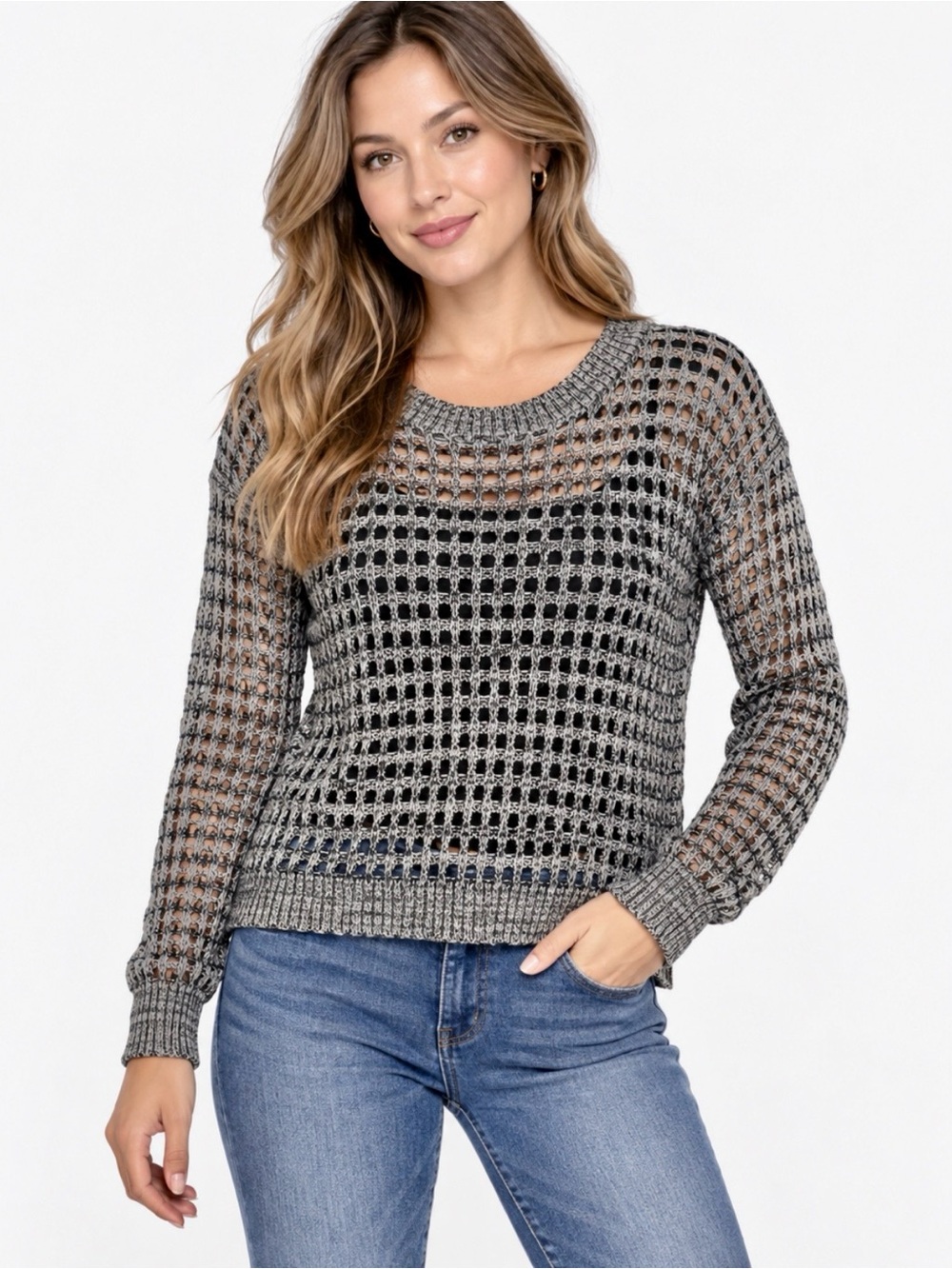 Two-One-Two New York Open Knit Mesh Zip Back Sweater Grey Black M
